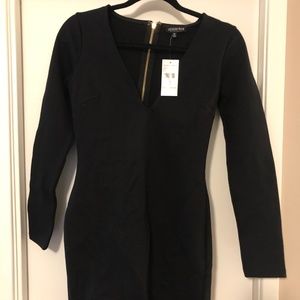 Black Deep V Mini Dress Long Sleeves Gold Back Zip